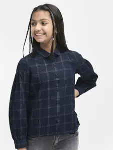 Crimsoune Club Girls Checked Shirt Collar Cuffed Sleeves Shirt Style Top