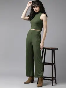Roadster Solid Pure Cotton High Neck Crop Top & Trousers
