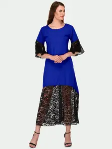 PATRORNA Lace Inserted Bell Sleeves Round Neck Cotton Casual Midi A-Line Dress