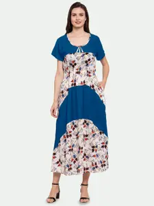 PATRORNA Floral Printed Round Neck Gathered Fit & Flare Dress