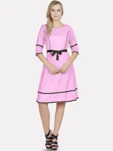 PATRORNA Belted Cotton Fit And Flare Dress