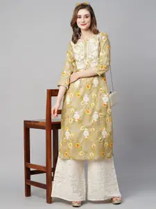 RATAN Floral Embroidered Chikankari Round Neck Regular Kurta