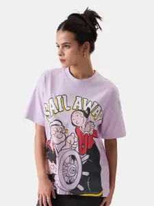 The Souled Store Lavender Coloured Graphic Popeye Printed Cotton T-Shirt