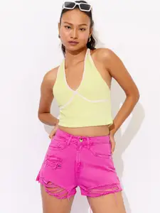 FREAKINS Women Pink Distressed High-Rise Pure Cotton Denim Shorts