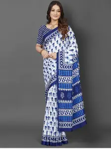 Saree mall White & Blue Ethnic Motifs Printed Dabu Sarees