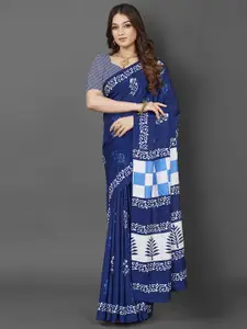 Saree mall Blue & White Ethnic Motifs Printed Dabu Sarees