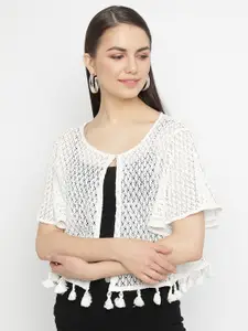 UnaOne Self-Design Embroidered Open Front Cotton Tasselled Shrug