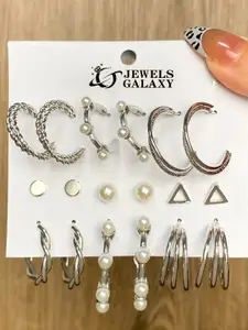 Jewels Galaxy Set of 9 Silver-Plated Contemporary Hoop Earrings And Studs