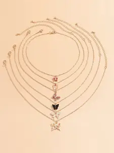 Jewels Galaxy Set Of 6 Gold-Plated Artificial Stones Studded Necklace