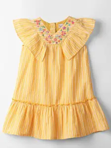 Beebay Girls Striped Embroidered Detailed V-Neck Pure Cotton A-Line Dress