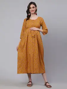 Nayo Yellow Floral Printed Gathered Cotton Maternity Midi A-Line Dress