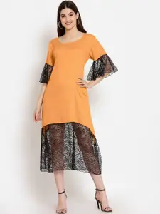 PATRORNA Bell Sleeve Lace Inserts Detail Cotton A-Line Midi Dress