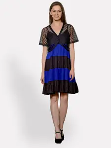 PATRORNA Black Colourblocked V-Neck Fit & Flare Dress With Shrug