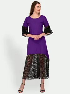 PATRORNA Semi Sheer Lace-Insert Bell Sleeve A-Line Midi Dress