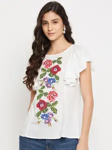 Ruhaans Floral Embroidered Flutter Sleeve Regular Top