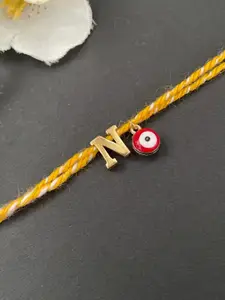 Digital Dress Room Gold-Plated Letter "N" & Evil Eye Charm Bracelet Rakhi