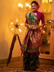 Mitera Green & Pink Ethnic Motifs Woven Design Zari Banarasi Saree