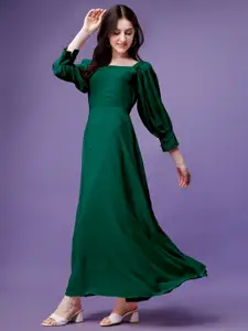 Femvy Georgette Square Neck Puff Sleeves Maxi Dress