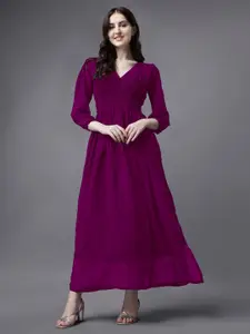 Femvy Georgette V-Neck Cuffed Sleeves Maxi Dress With Side Slit