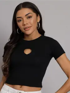 BROOWL Round Neck Cut Out Cotton Fitted Crop Top