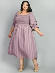 PrettyPlus by Desinoor.com Plus Size Puff Sleeves Striped Smocked Silk Fit & Flare Dress