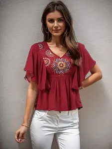 Taurus Ethnic Motif Embroidered Flutter Sleeve Empire Top