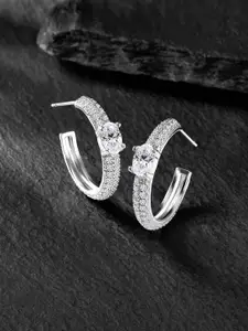Peora Silver-Plated CZ Studded Contemporary Half Hoop Earrings