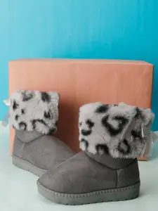 PASSION PETALS Girls Printed Faux Fur Trim Mid-Top Winter Boots