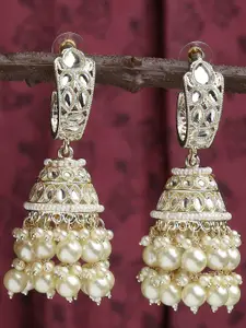 OOMPH Gold Plated Dome Shaped Kundan Studded & Beaded Jhumkas