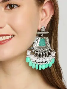 OOMPH Silver Plated Geometric Kundan Studded & Beaded Drop Earrings