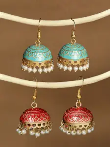 OOMPH Set Of 2 Gold Plated Dome Shaped Meenakari Beaded Jhumkas