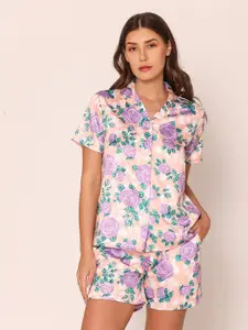 Vami Floral Printed Shirt & Shorts Satin Night Suit