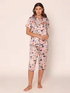 Vami Floral Printed Shirt & Capri Satin Night Suit