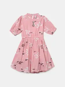 V-Mart Girls Floral Printed Puffed Sleeves Cotton Fit & Flare Dress