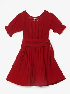 V-Mart Girls Accordion Pleated Puff Sleeves Belted Cotton Fit & Flare Dress