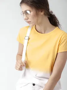 Harvard Women White & Yellow Ombre-Dyed Round Neck T-shirt