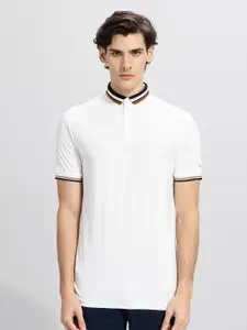 Snitch White Polo Collar Slim Fit Cotton T-shirt