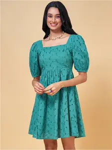 People Green Self Design Square Neck Puff Sleeves Schiffli Cotton Fit & Flare Dress