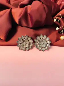 ABDESIGNS Silver-Plated Floral Stone-Studded Studs Earrings