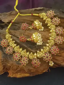 GRIIHAM Gold-Plated Red Artificial Stones & Beads Laxmi Necklace Set