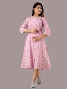 UNIBLISS Striped Tie-Up Waist Maternity A-Line Midi Dress
