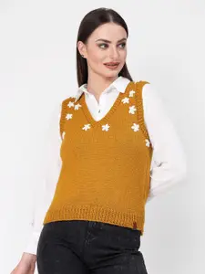 Velvery Floral Embroidered V-Neck Sweater Vest