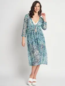 ANVI Be Yourself Sea Green Printed Gathered Longline Semi Sheer Chiffon Shrug