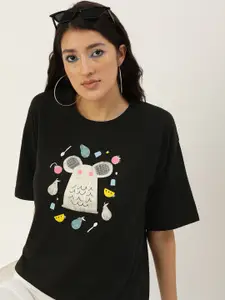 Kook N Keech Graphic Printed Embroidered Drop-Shoulder Sleeves Loose Pure Cotton T-shirt