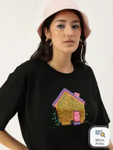 Kook N Keech Graphic Printed Embellished Drop-Shoulder Sleeves Loose Pure Cotton T-shirt
