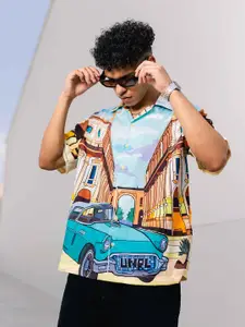 UNRL Boxy Fit Graphic Printed Cuban Collar Casual Shirt