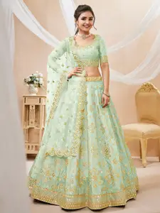 FABPIXEL Embroidered Sequinned Semi-Stitched Lehenga & Unstitched Blouse With Dupatta