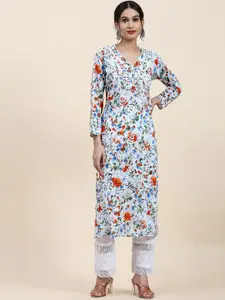 HOUSE OF KARI Floral Printed Thread Work Pure Cotton Kurta