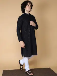 NAMASKAR Ethnic Motifs Chikankari Sequinned Pure Cotton Straight Kurta
