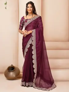 Inddus Floral Embroidered Sequinned Organza Saree